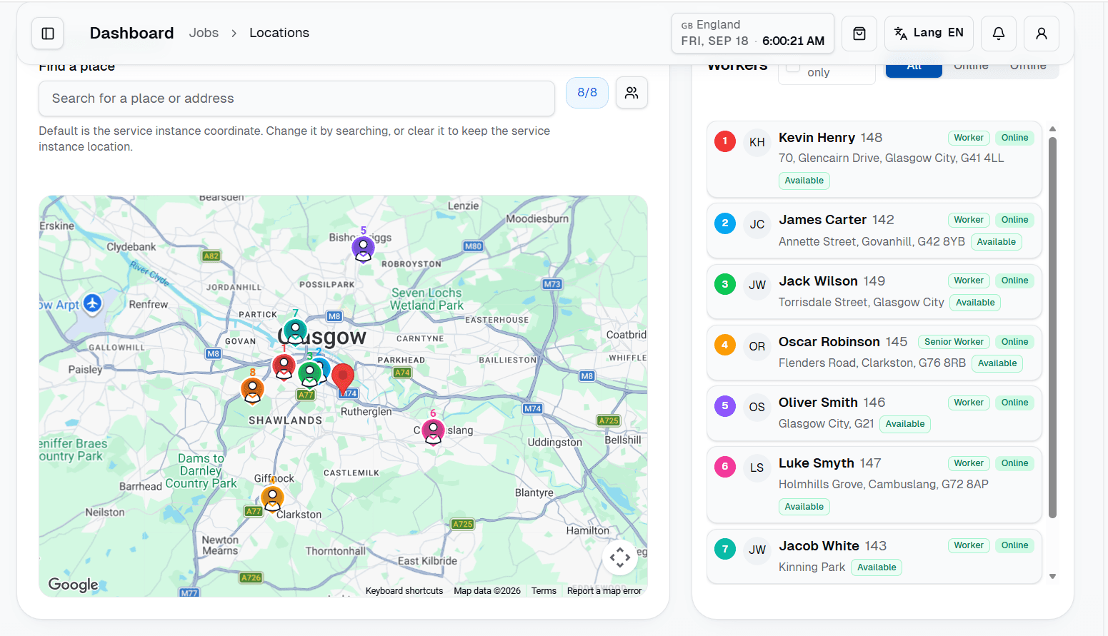 FacilityPro map showing cleaning workers and their locations